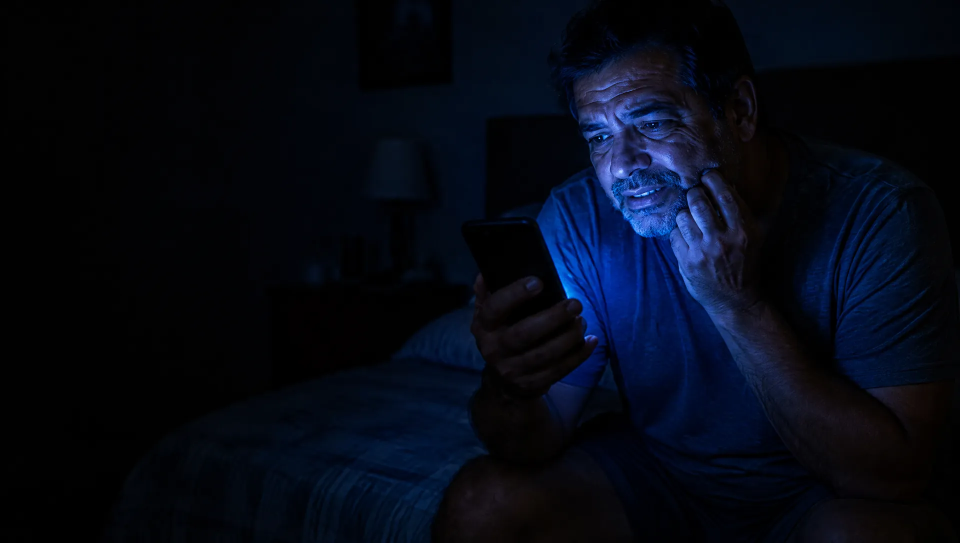Homem à noite pesquisando no celular com a mão no maxilar